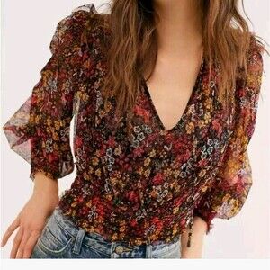 Free People Twyla Cropped Blouse XS Floral Long Sleeve Sheer
